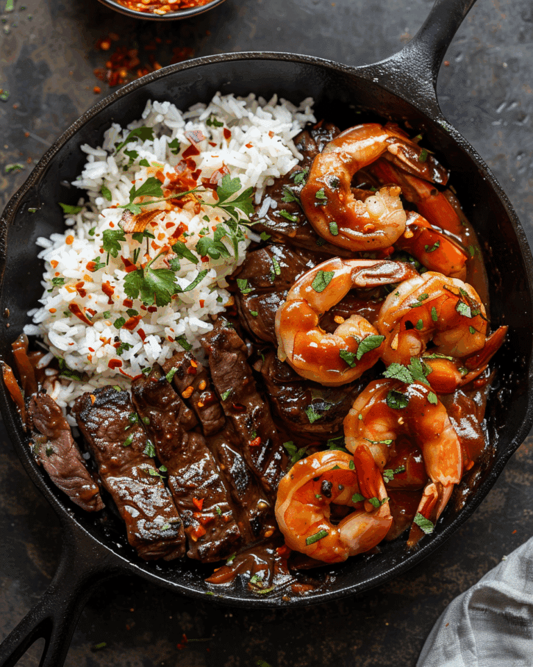 firecracker steak and shrimp skillet top view